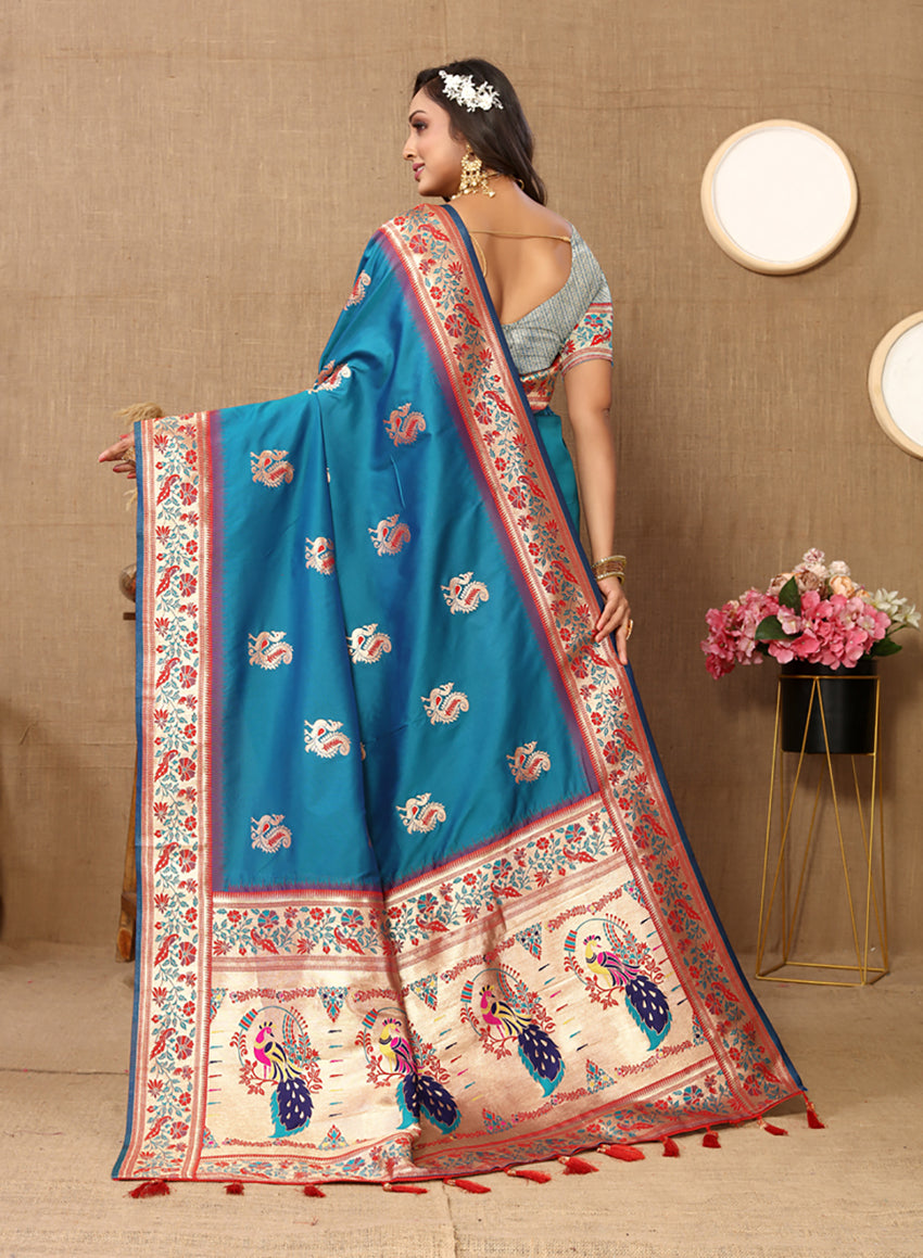 Lorenvalley Fashion Rama Soft Paithani Silk Woven Design Rich Meenakari Zari Weaving Pallu Saree | Grocsy