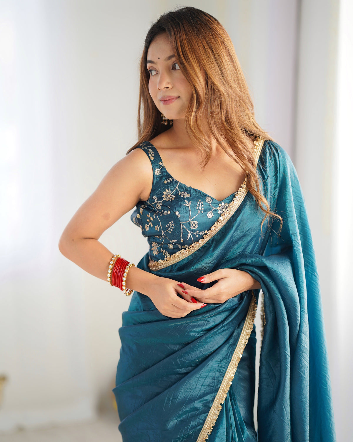 Lorenvalley Ready to wear Crush Tissue Silk Fabric Fancy Border Premium Lace Work Predrapped Saree | Grocsy