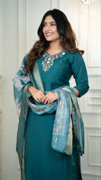 Lorenvalley Fashion Rama Roman Silk Hand Work Kurta Pant with Dupatta | Grocsy