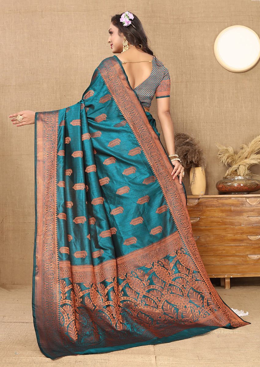 Lorenvalley Fashion Rama Soft Katan Silk Woven Design Copper Zari Weaving Saree | Grocsy