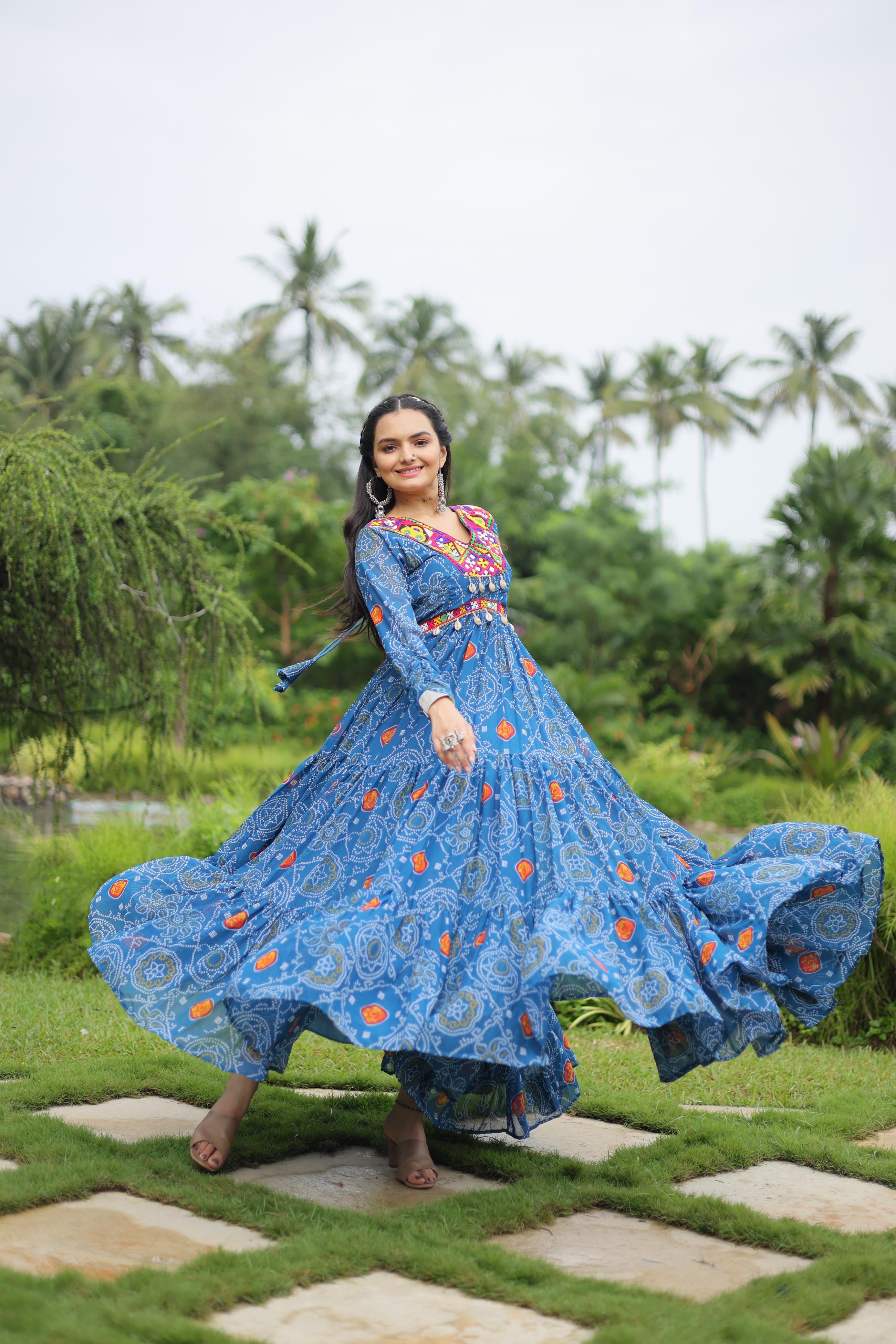 Lorenvalley Rama Faux Georgette Bandhani Print Work With Kutchi Patch Work Gown | Grocsy