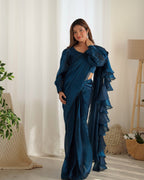 Lorenvalley Ready to wear Jimmy Choo Organza Fabric Border Lace Work Predrapped Saree | Grocsy
