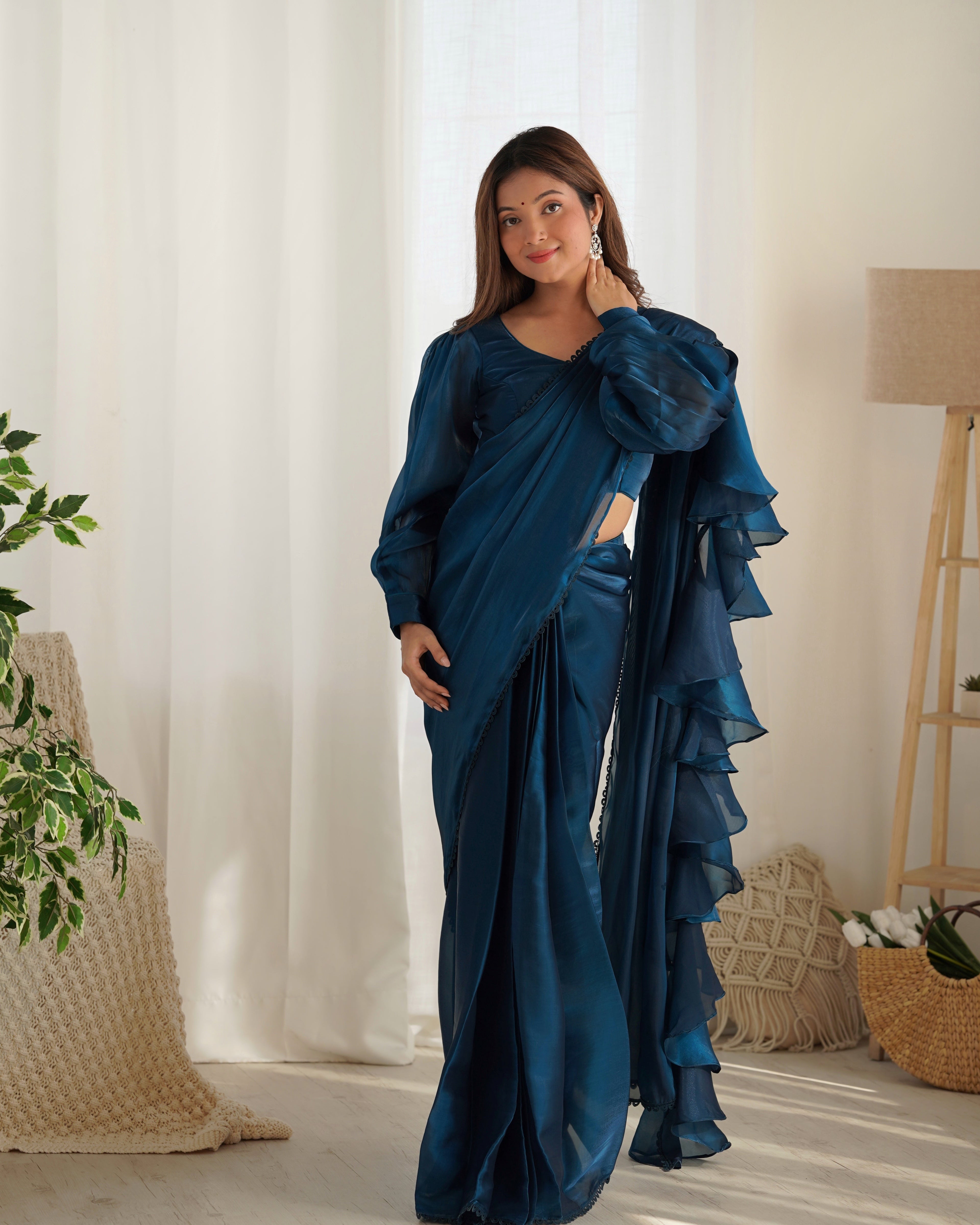 Lorenvalley Ready to wear Jimmy Choo Organza Fabric Border Lace Work Predrapped Saree | Grocsy