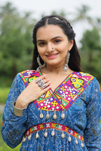 Lorenvalley Rama Faux Georgette Bandhani Print Work With Kutchi Patch Work Gown | Grocsy