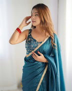 Lorenvalley Ready to wear Crush Tissue Silk Fabric Fancy Border Premium Lace Work Predrapped Saree | Grocsy