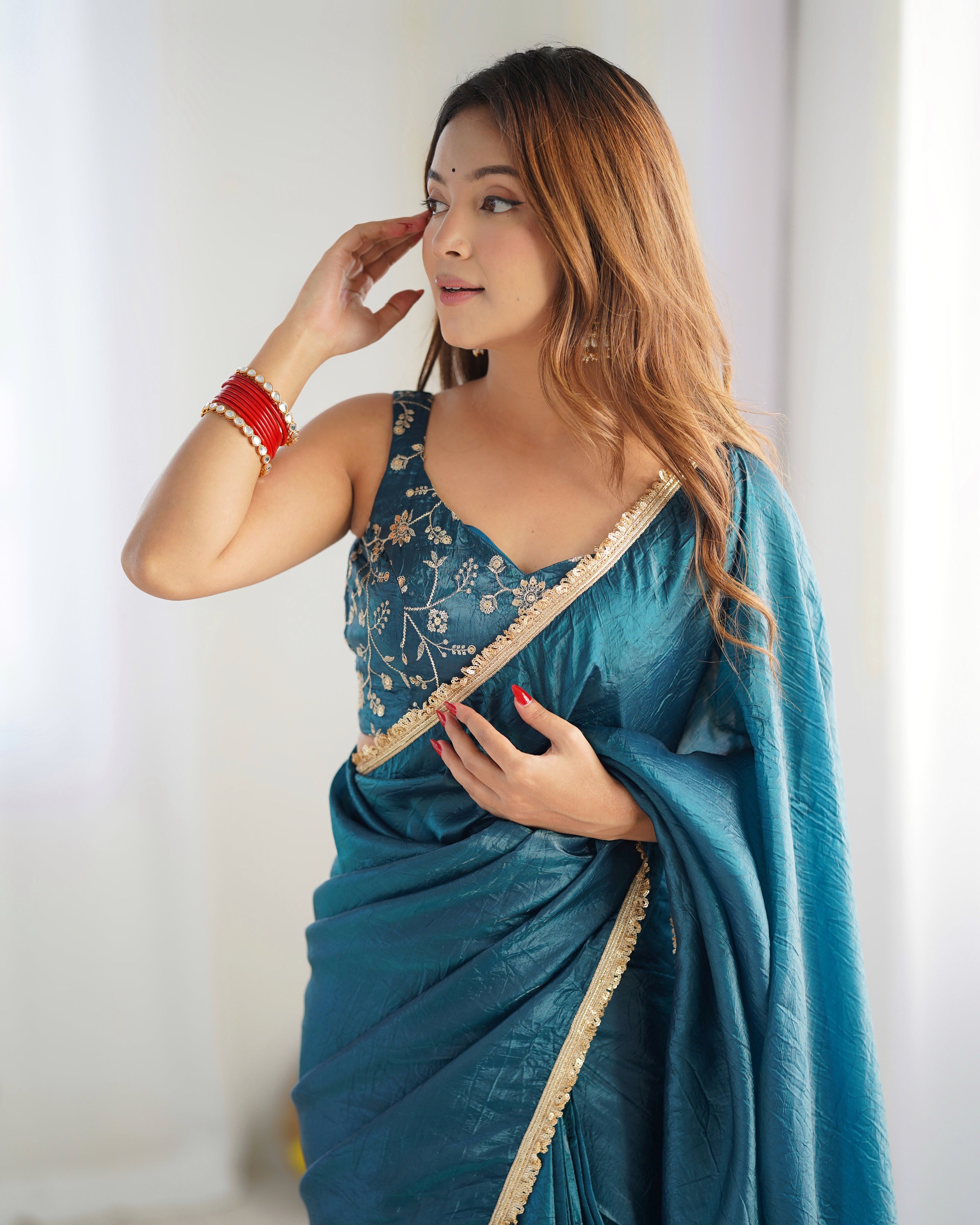 Lorenvalley Ready to wear Crush Tissue Silk Fabric Fancy Border Premium Lace Work Predrapped Saree | Grocsy