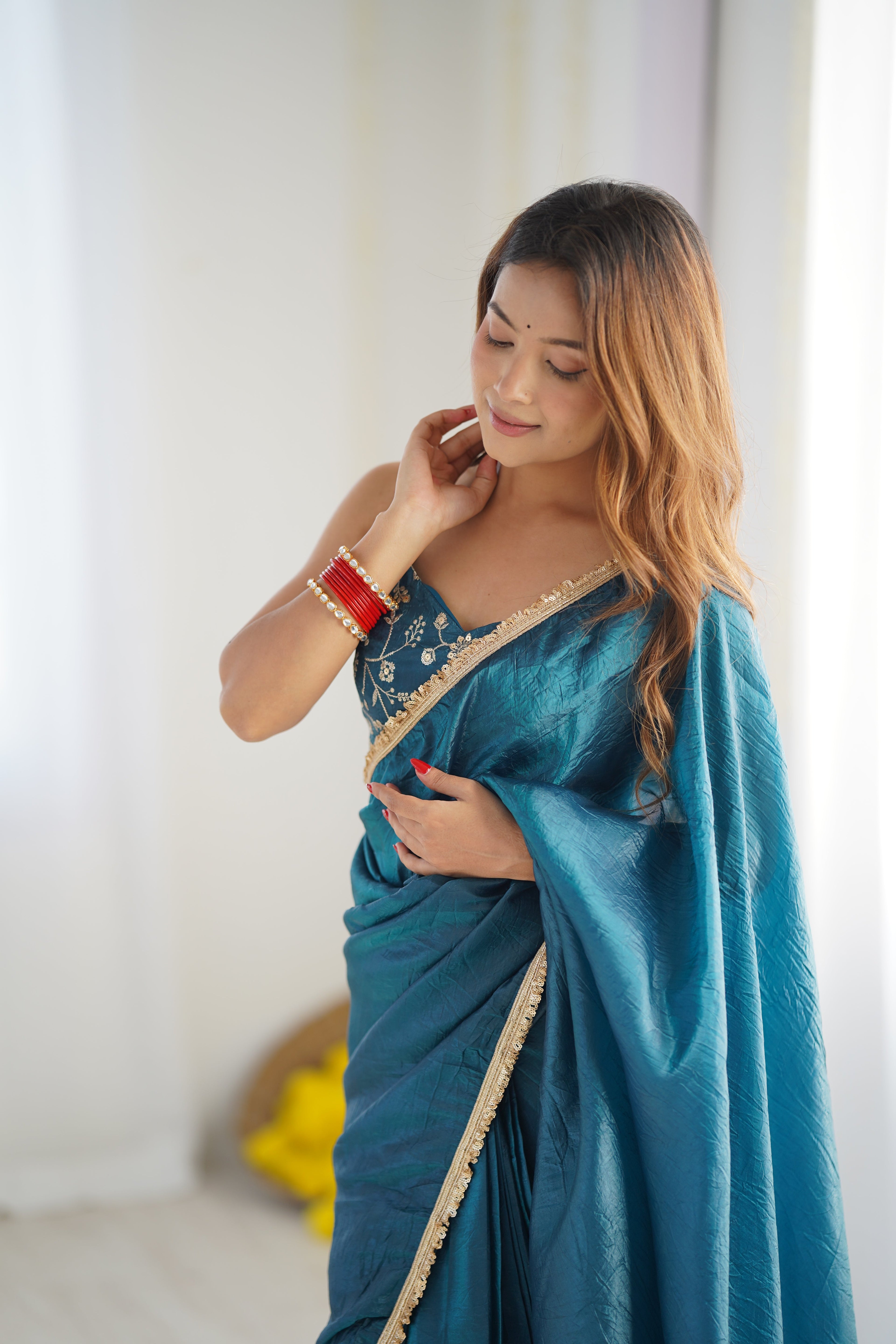 Lorenvalley Ready to wear Crush Tissue Silk Fabric Fancy Border Premium Lace Work Predrapped Saree | Grocsy