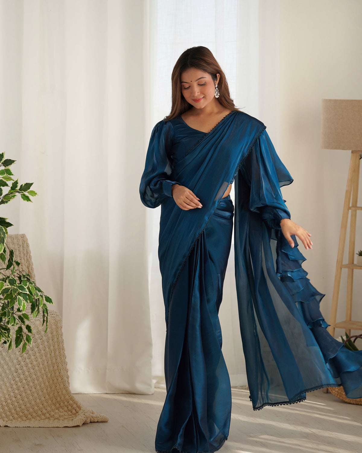 Lorenvalley Ready to wear Jimmy Choo Organza Fabric Border Lace Work Predrapped Saree | Grocsy