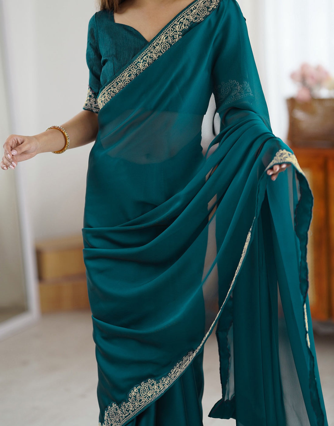 Lorenvalley Fashion Rama Rangoli Silk with Coding Lace Work Saree with Blouse | Grocsy
