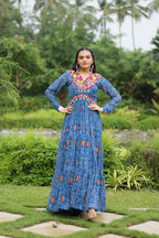 Lorenvalley Rama Faux Georgette Bandhani Print Work With Kutchi Patch Work Gown | Grocsy