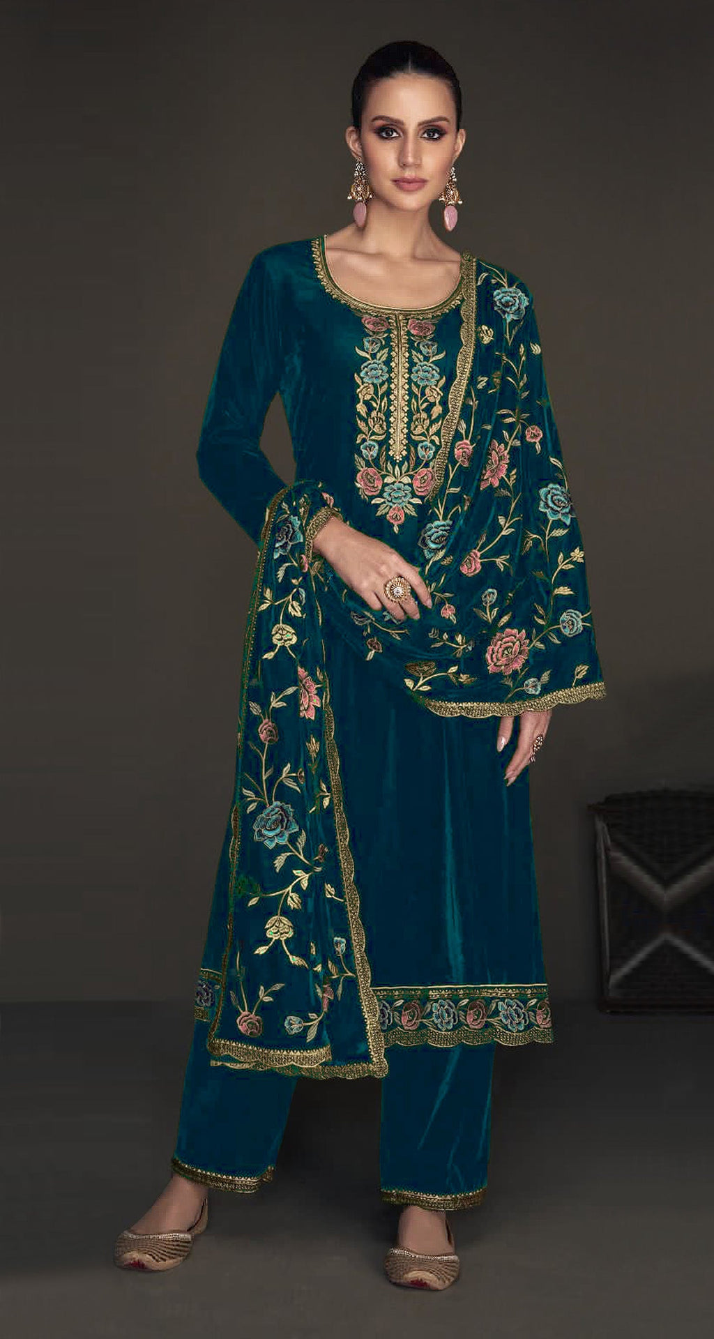 Lorenvalley Fashion Women Rama Velvet Embroidered Salwar Suit Material | Grocsy