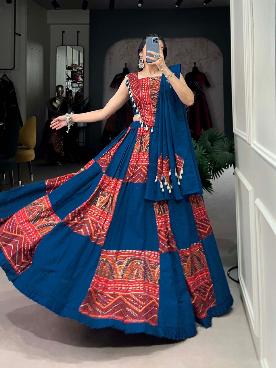 Lorenvalley Pure Cotton Rama Plain And Printed With Foil Work Lehenga Choli with Dupatta | Grocsy