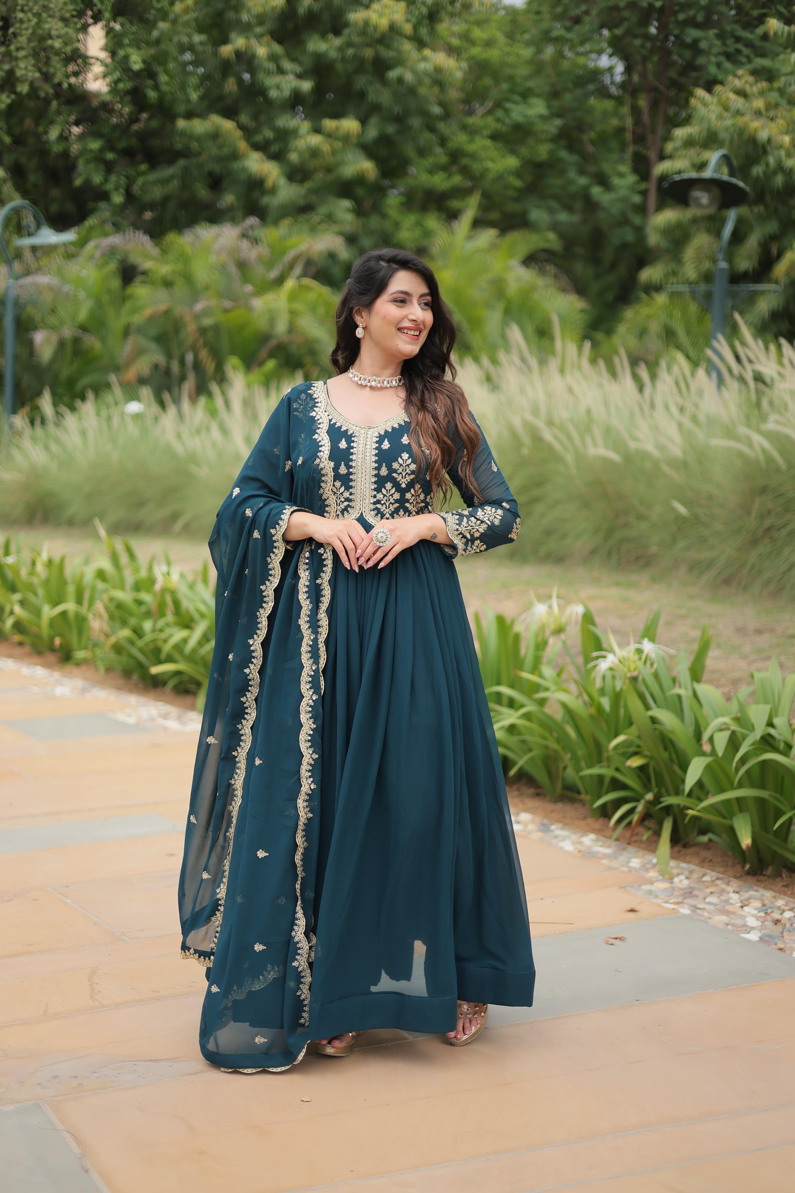 Evanik Rama Faux Blooming Gown With Dupatta With Sequins-Multi & Zari Embroidered Work | Grocsy