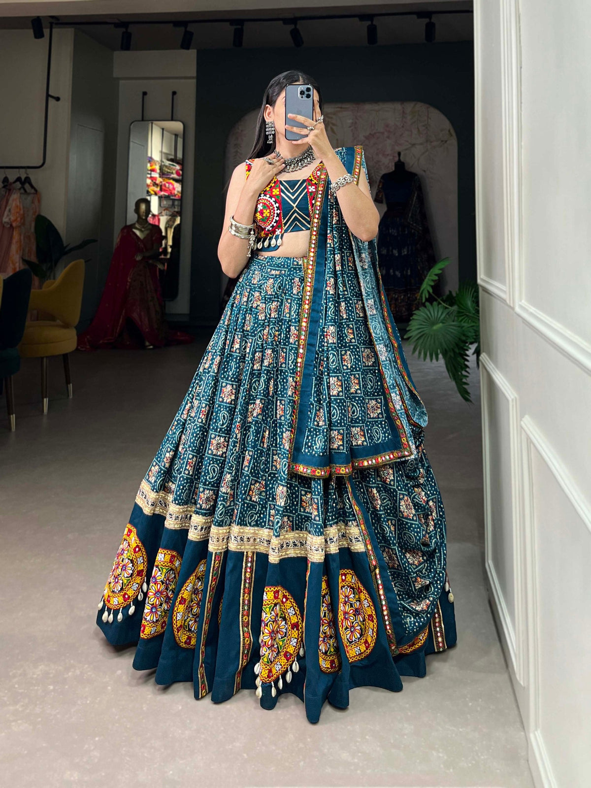 Lorenvalley Rama Pure Rayon Navratri Chaniya Choli, Complete With Sophisticated Printed Foil Work And Gamthi Patch & Lace Touch-Up | Grocsy