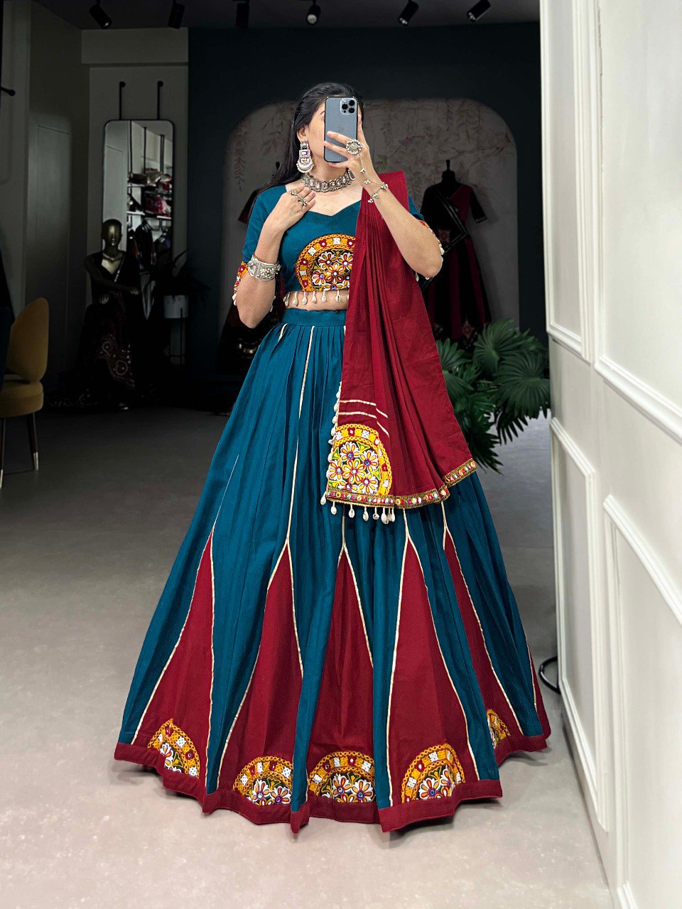 Lorenvalley Rama Pure Cotton Plain And Gamthi Patch Work With Gota Patti Lehenga Choli with Dupatta | Grocsy
