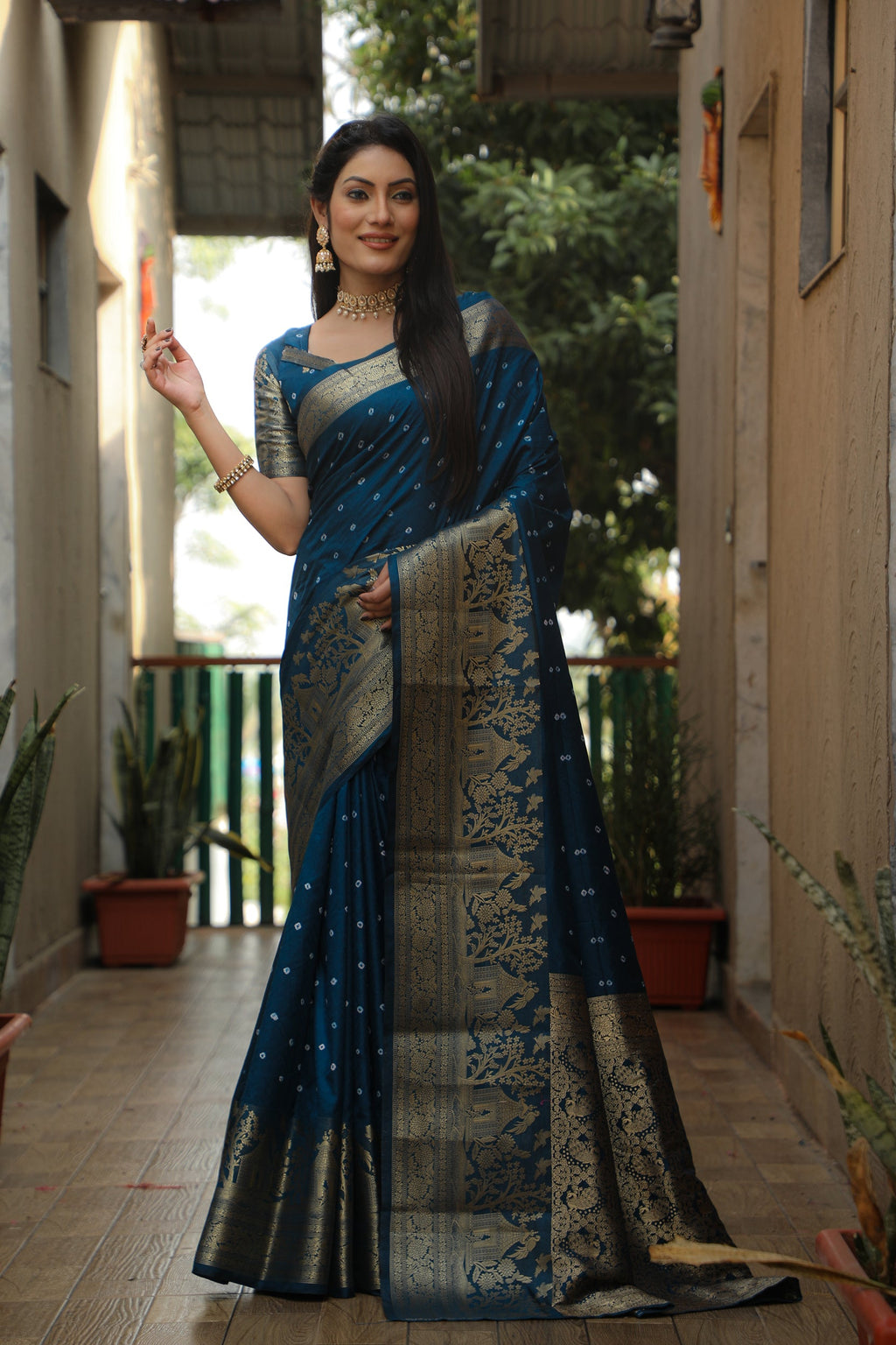Lorenvalley Premium Pure Handmade Bandhej Kanjivaram silk saree with Zari Weaving Rich Pallu saree - Rama | Grocsy