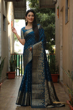 Lorenvalley Premium Pure Handmade Bandhej Kanjivaram silk saree with Zari Weaving Rich Pallu saree - Rama | Grocsy