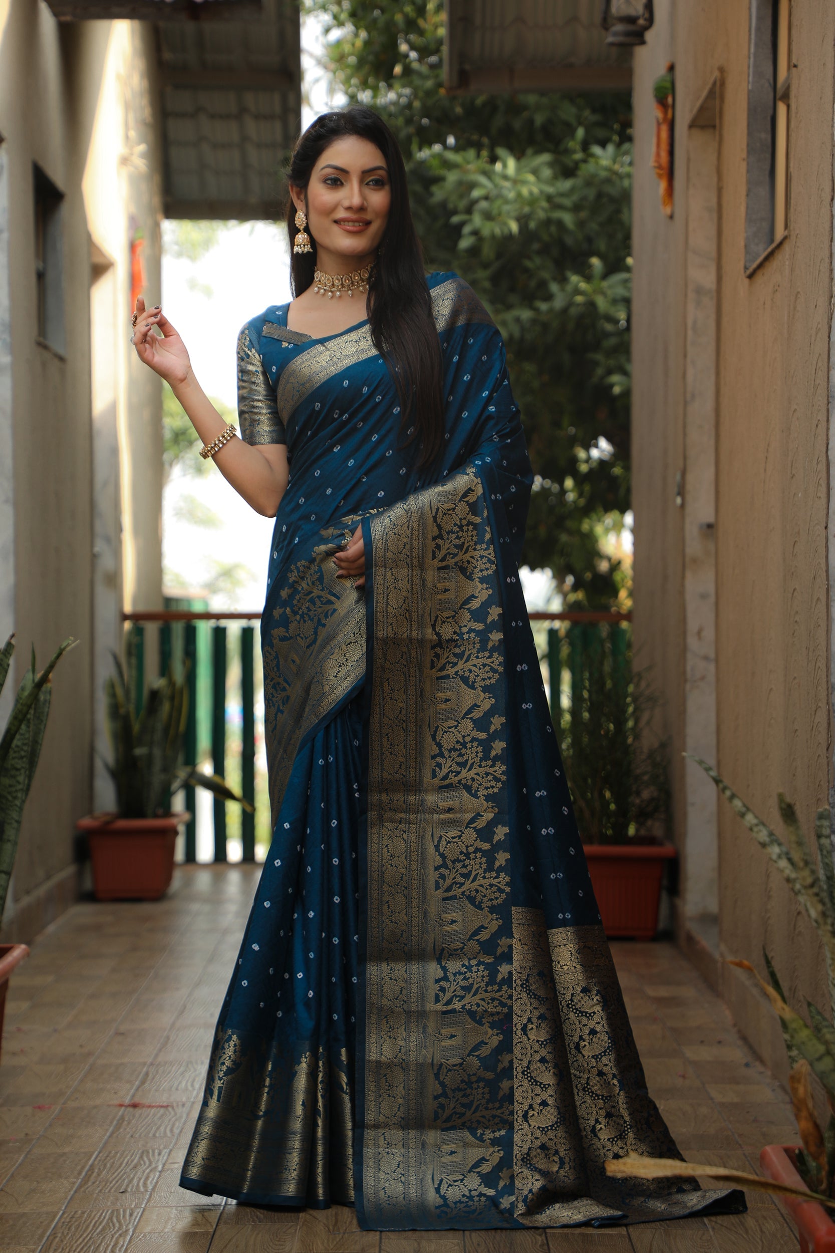 Lorenvalley Premium Pure Handmade Bandhej Kanjivaram silk saree with Zari Weaving Rich Pallu saree - Rama | Grocsy