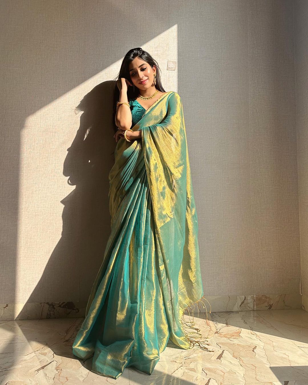 Evanik Rama Shaded Fendy Silk wedding and partywear Saree with Blouse | Grocsy