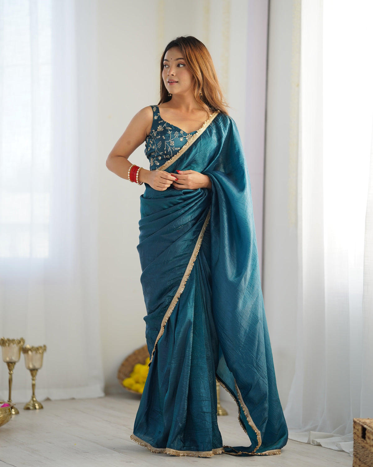 Lorenvalley Ready to wear Crush Tissue Silk Fabric Fancy Border Premium Lace Work Predrapped Saree | Grocsy