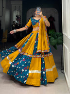 Lorenvalley Rayon Yellow and Rama with Printed Silk Original Mirror Gamthi Work and Embossed Design Gota Lehenga Choli with Dupatta | Grocsy