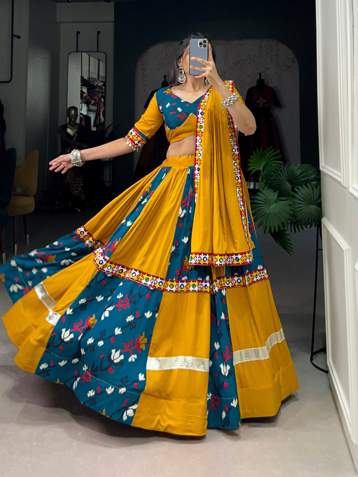 Lorenvalley Rayon Yellow and Rama with Printed Silk Original Mirror Gamthi Work and Embossed Design Gota Lehenga Choli with Dupatta | Grocsy
