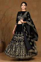 Juniper Women Black Velvet Printed Flared Lehenga Choli Sets | Grocsy