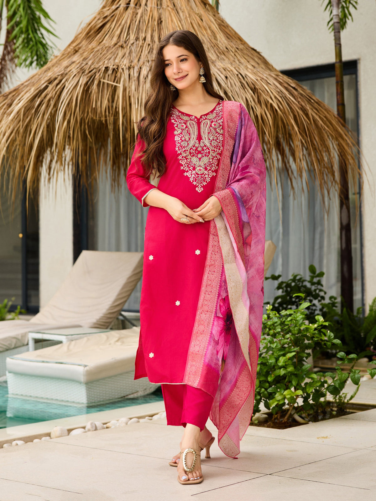 The52 Women's Gorgeous Viscose Embroidery work Straight Kurta with Pant and Dupatta Set | Grocsy