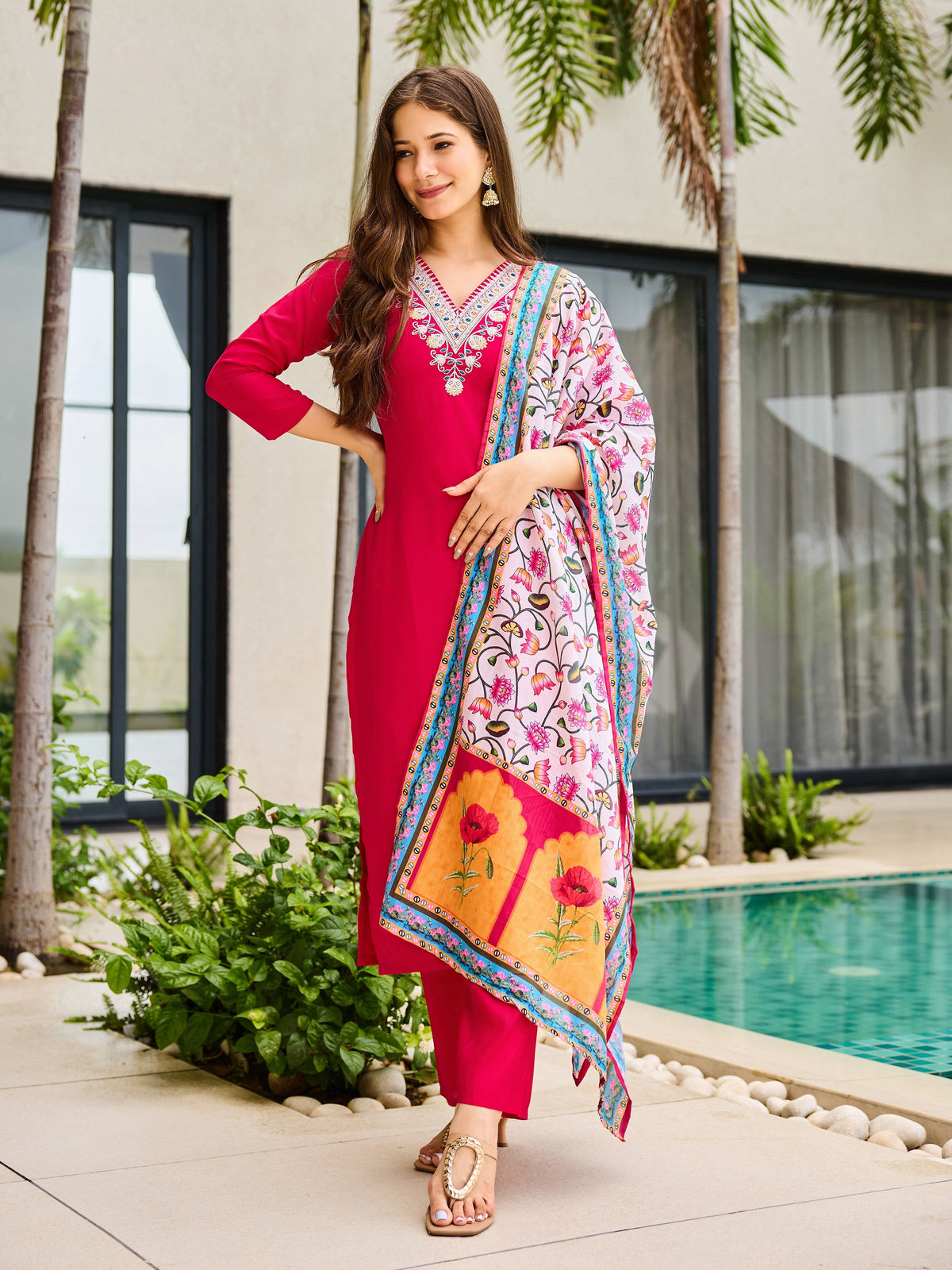 The52 Thread Work Rayon Fabric Straight Kurta, Pant and Dupatta Set | Grocsy