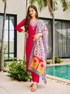 The52 Thread Work Rayon Fabric Straight Kurta, Pant and Dupatta Set | Grocsy