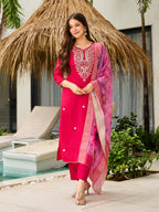 The52 Women's Gorgeous Viscose Embroidery work Straight Kurta with Pant and Dupatta Set | Grocsy