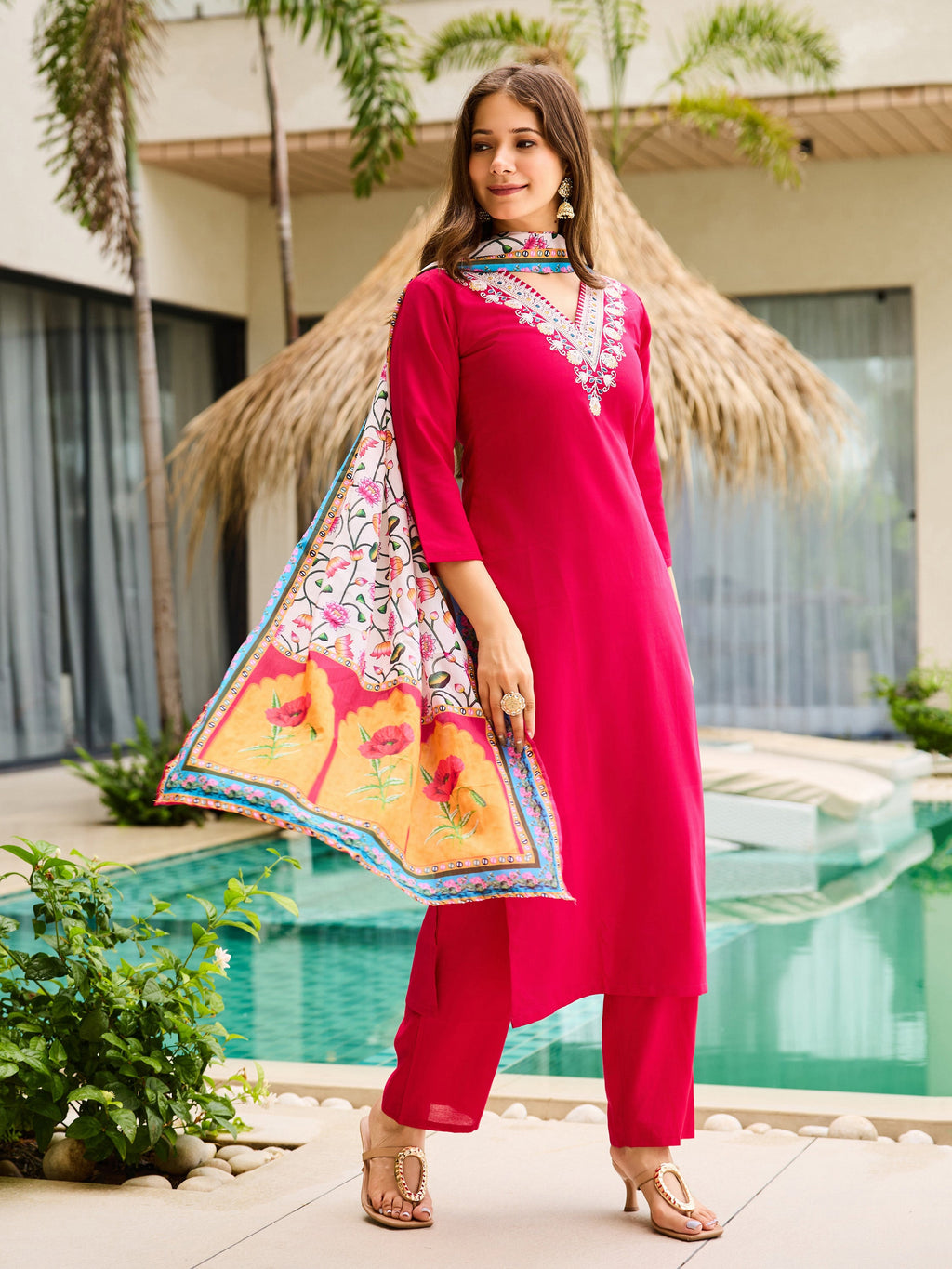 The52 Thread Work Rayon Fabric Straight Kurta, Pant and Dupatta Set | Grocsy
