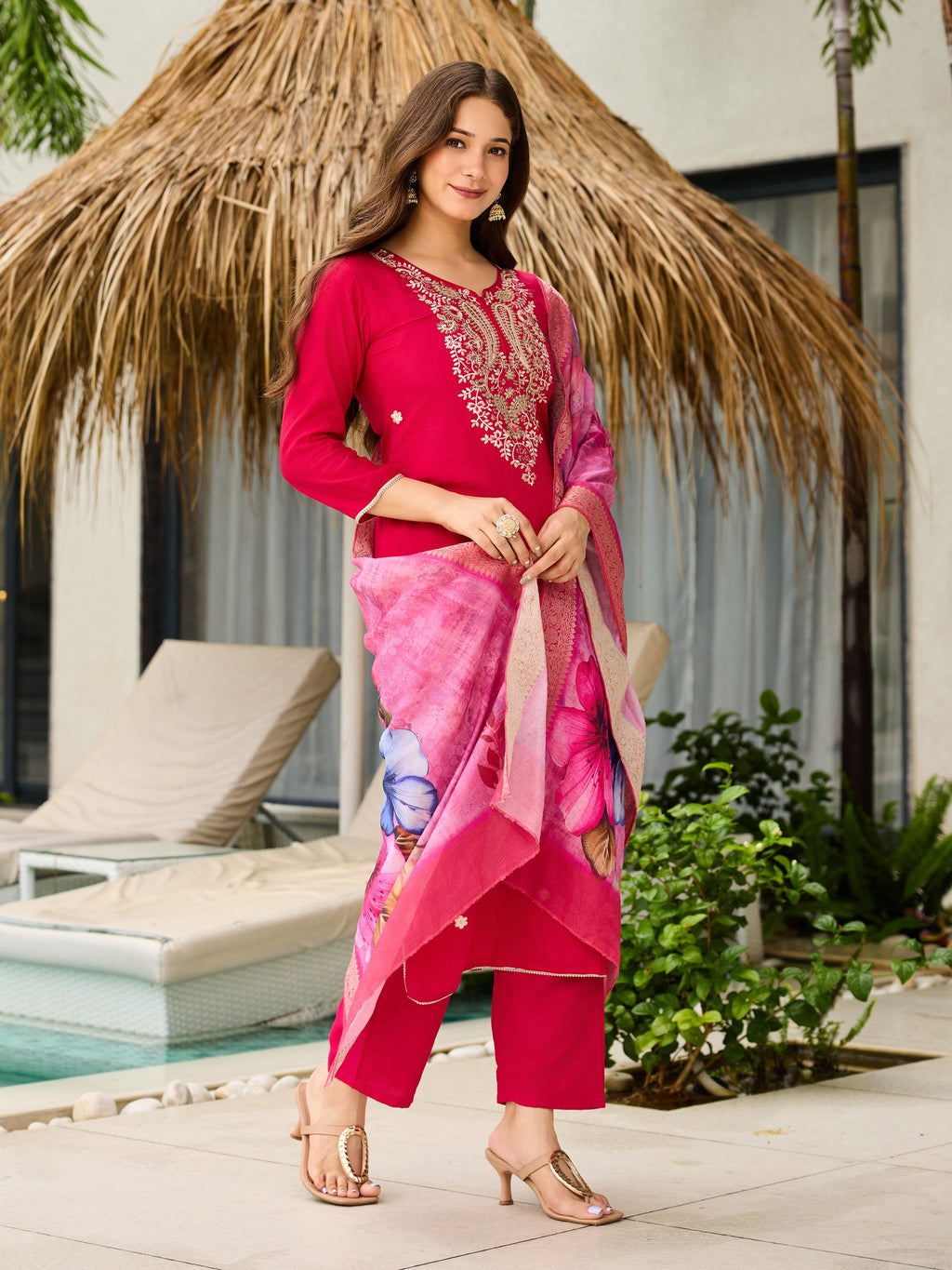 The52 Women's Gorgeous Viscose Embroidery work Straight Kurta with Pant and Dupatta Set | Grocsy