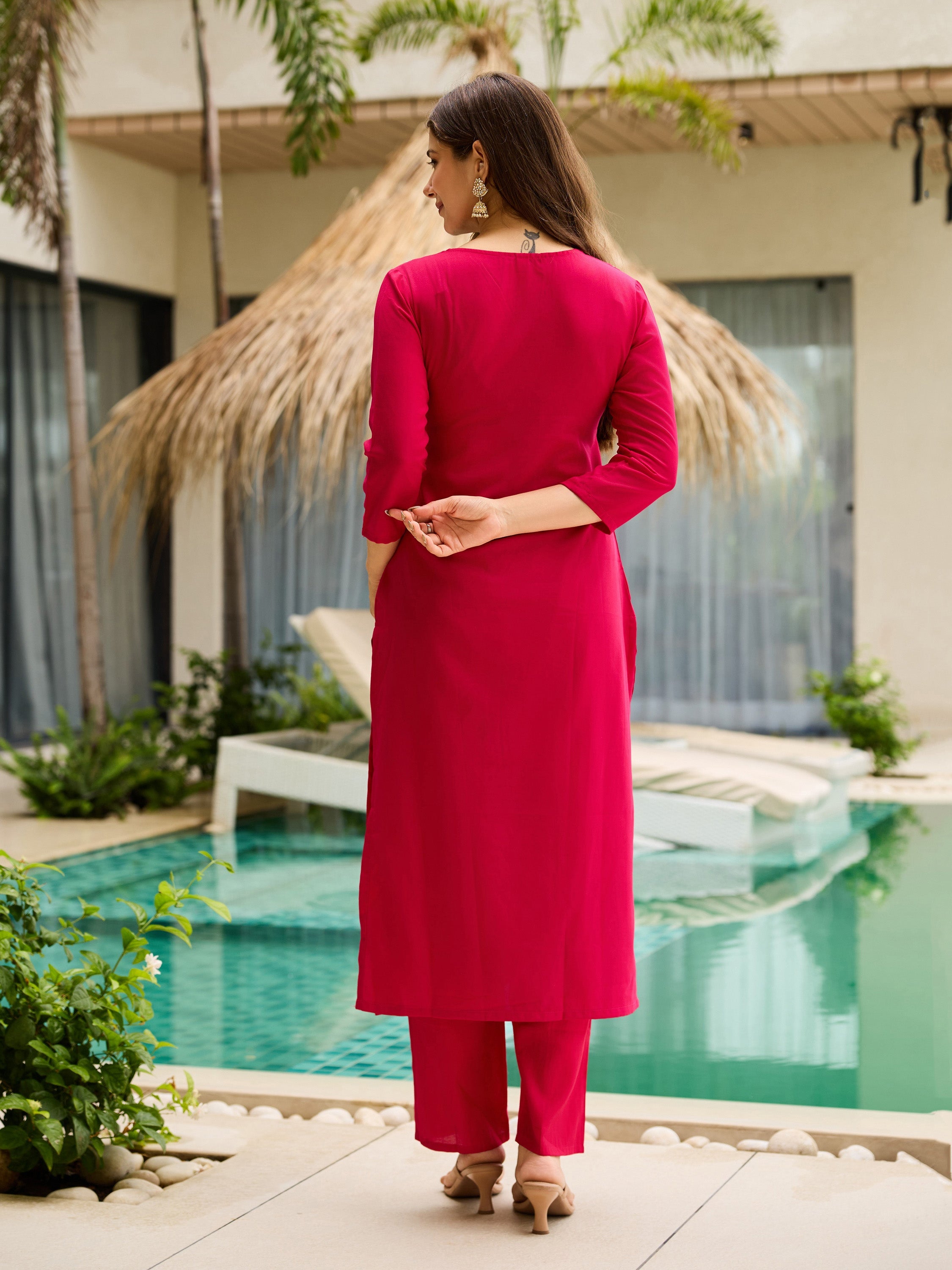 The52 Thread Work Rayon Fabric Straight Kurta, Pant and Dupatta Set | Grocsy