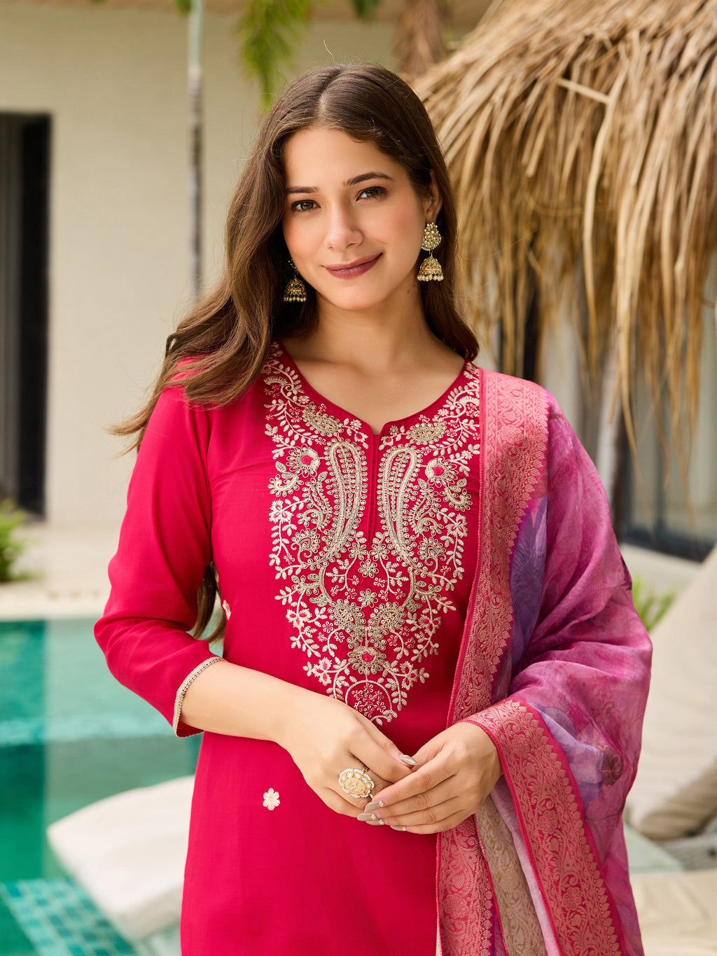 The52 Women's Gorgeous Viscose Embroidery work Straight Kurta with Pant and Dupatta Set | Grocsy