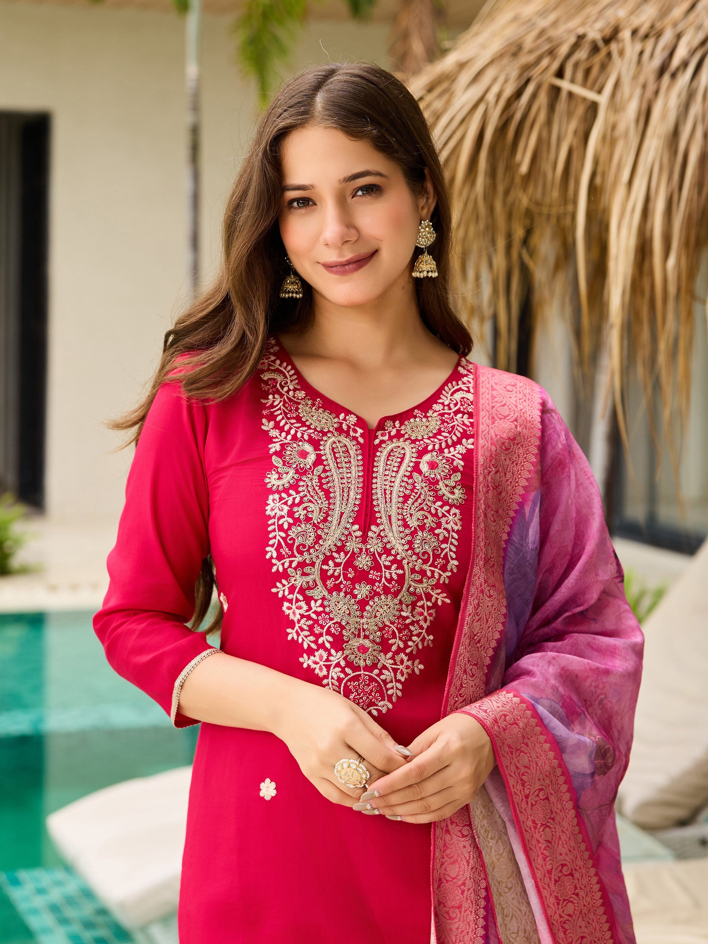 The52 Women's Gorgeous Viscose Embroidery work Straight Kurta with Pant and Dupatta Set | Grocsy