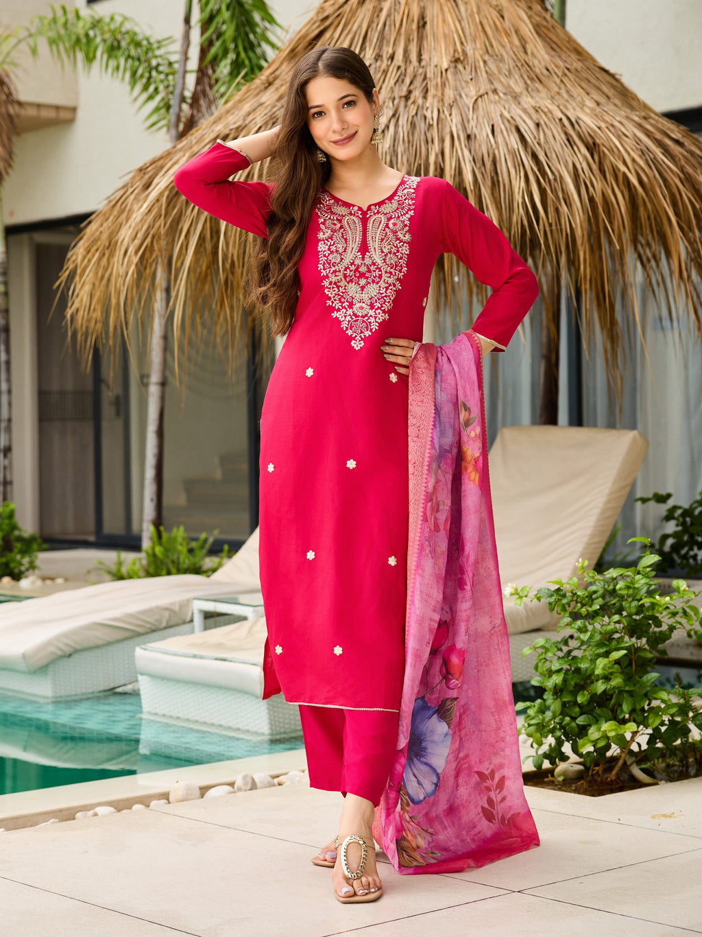 The52 Women's Gorgeous Viscose Embroidery work Straight Kurta with Pant and Dupatta Set | Grocsy