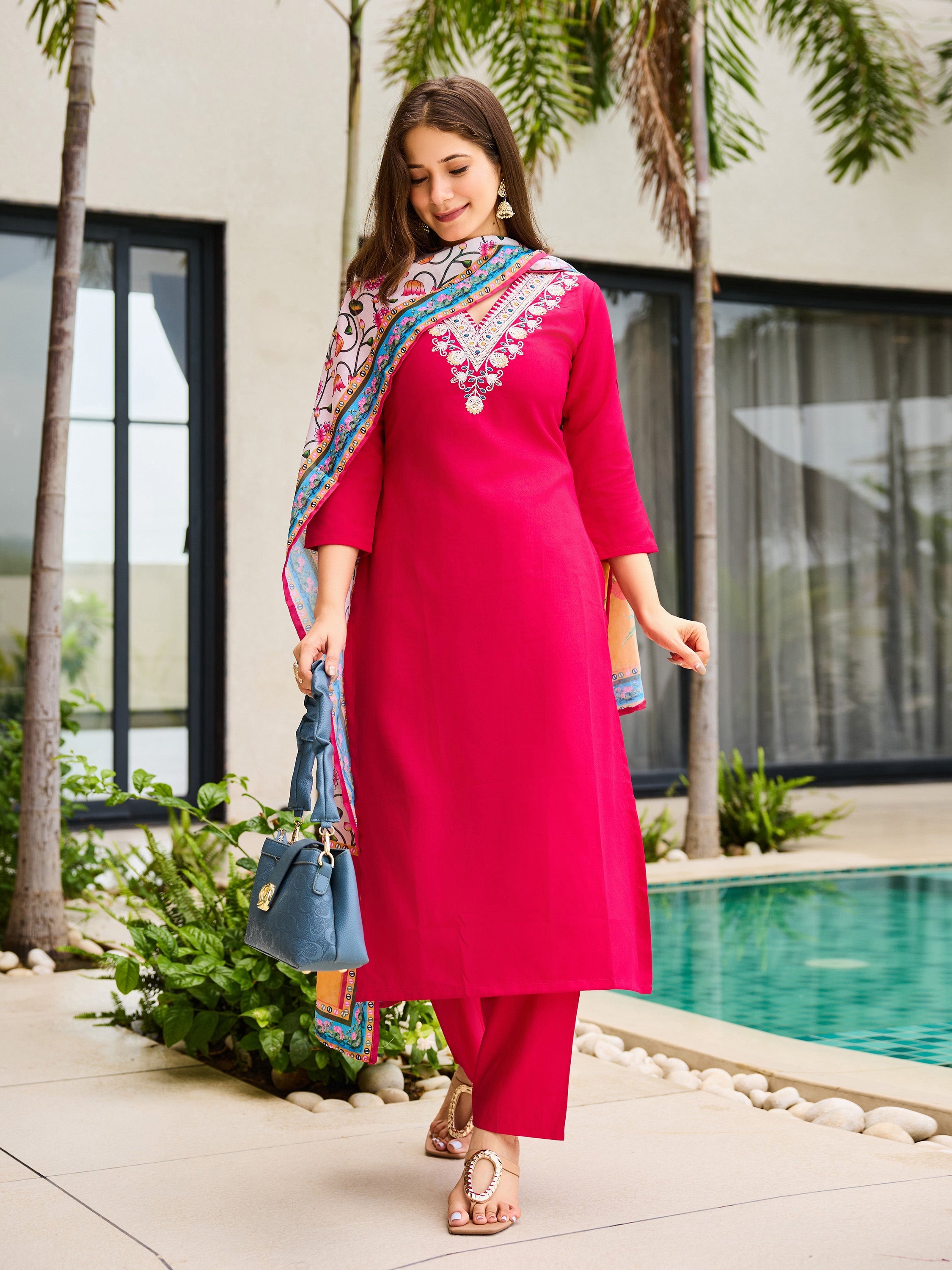 The52 Thread Work Rayon Fabric Straight Kurta, Pant and Dupatta Set | Grocsy
