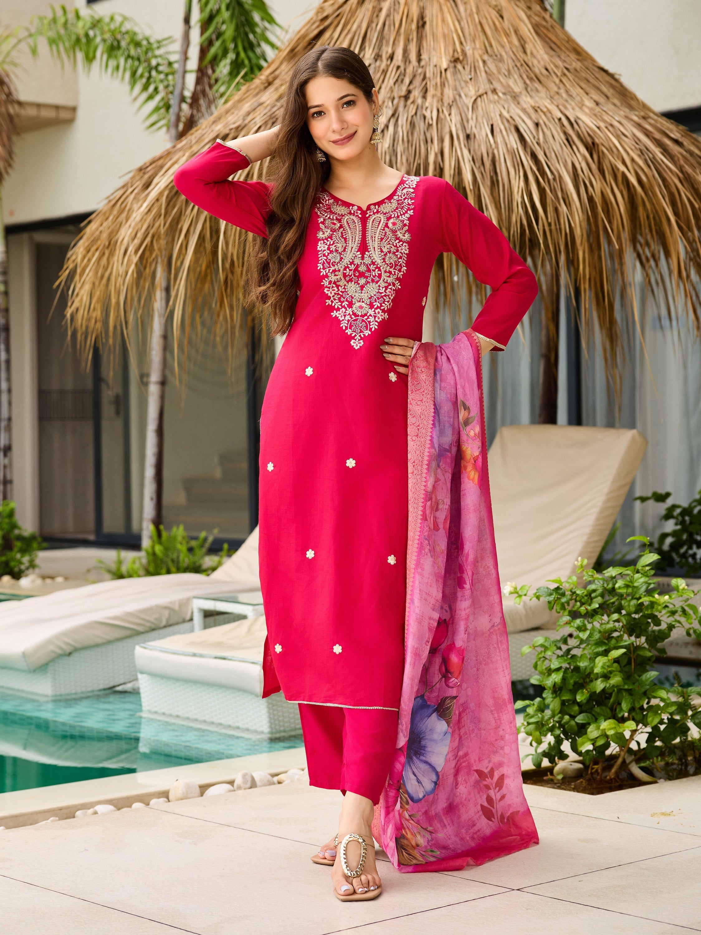 The52 Women's Gorgeous Viscose Embroidery work Straight Kurta with Pant and Dupatta Set | Grocsy