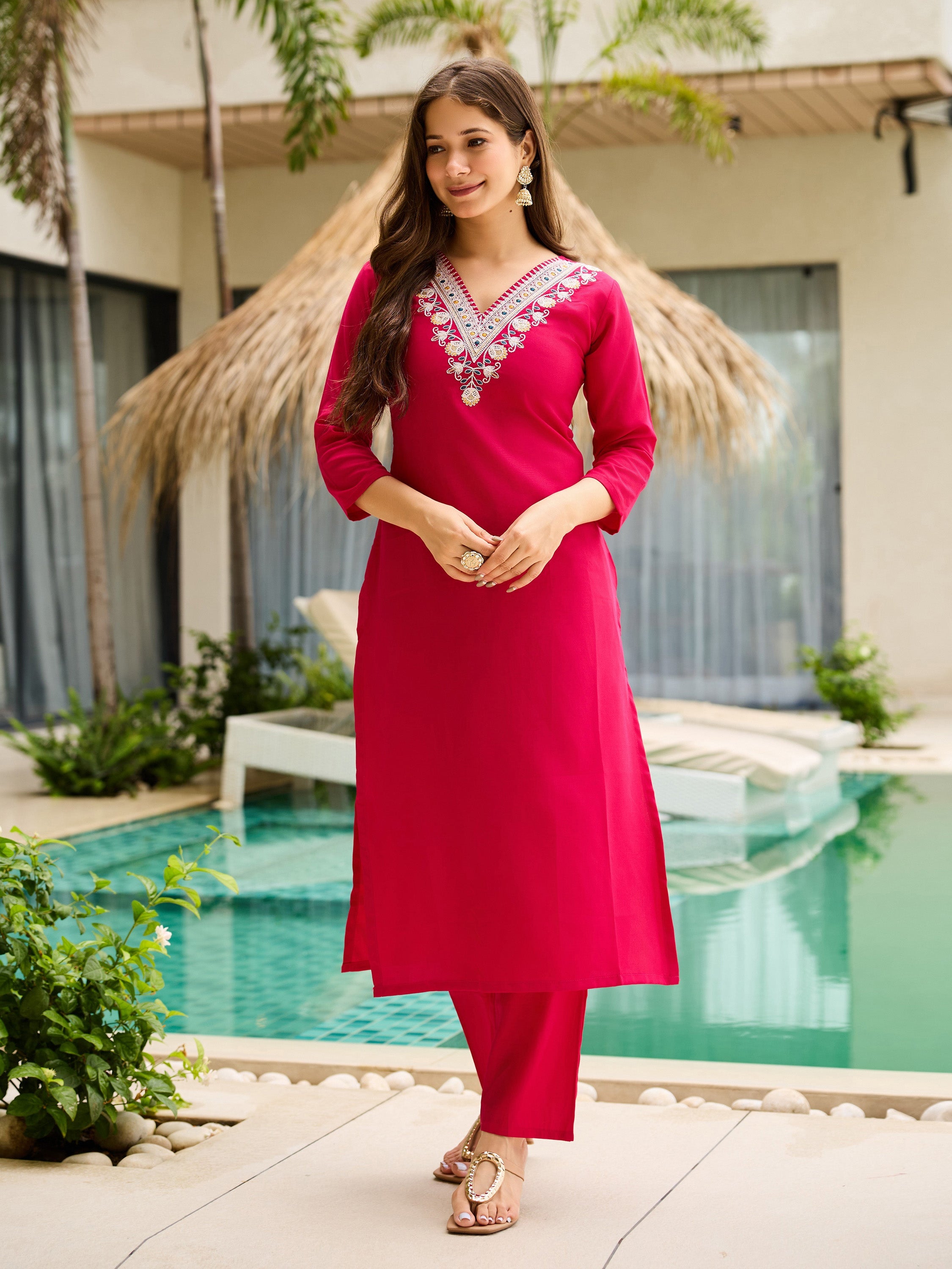 The52 Thread Work Rayon Fabric Straight Kurta, Pant and Dupatta Set | Grocsy