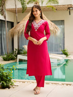 The52 Thread Work Rayon Fabric Straight Kurta, Pant and Dupatta Set | Grocsy