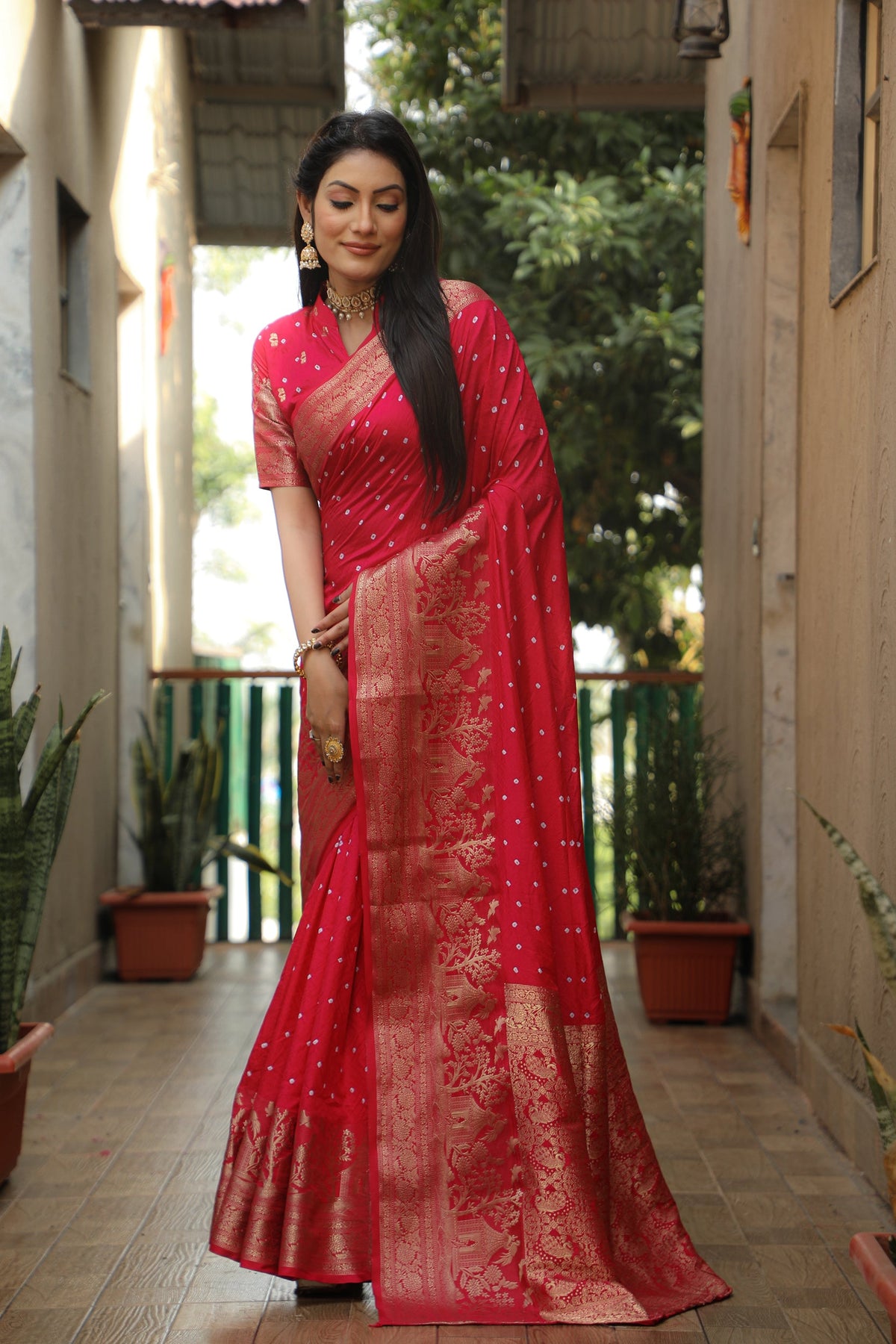 Lorenvalley Premium Pure Handmade Bandhej Kanjivaram silk saree with Zari Weaving Rich Pallu saree - Ranipink | Grocsy