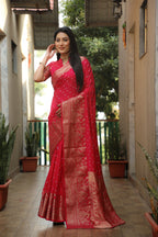 Lorenvalley Premium Pure Handmade Bandhej Kanjivaram silk saree with Zari Weaving Rich Pallu saree - Ranipink | Grocsy