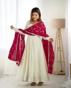 Lorenvalley White Vichitra Silk Fabric Fully Flared Anarkali Pant With Dupatta Set | Grocsy