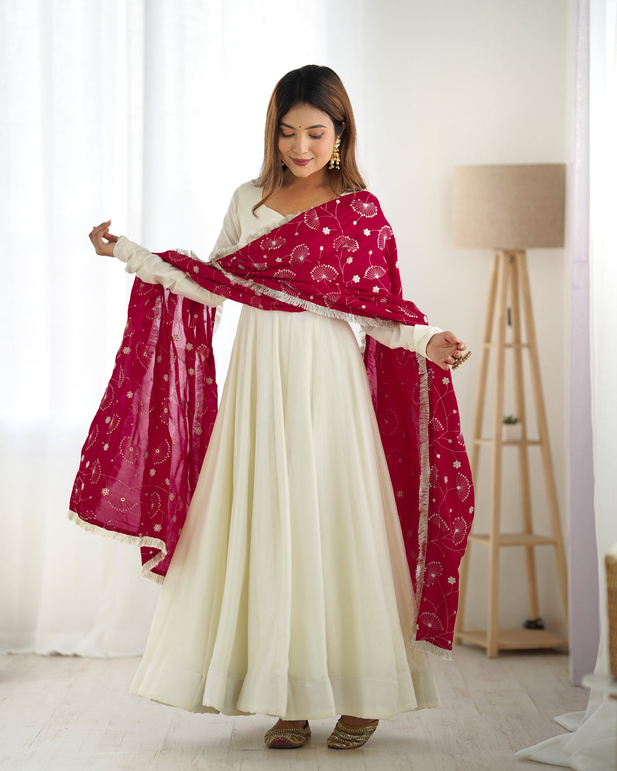 Lorenvalley White Vichitra Silk Fabric Fully Flared Anarkali Pant With Dupatta Set | Grocsy
