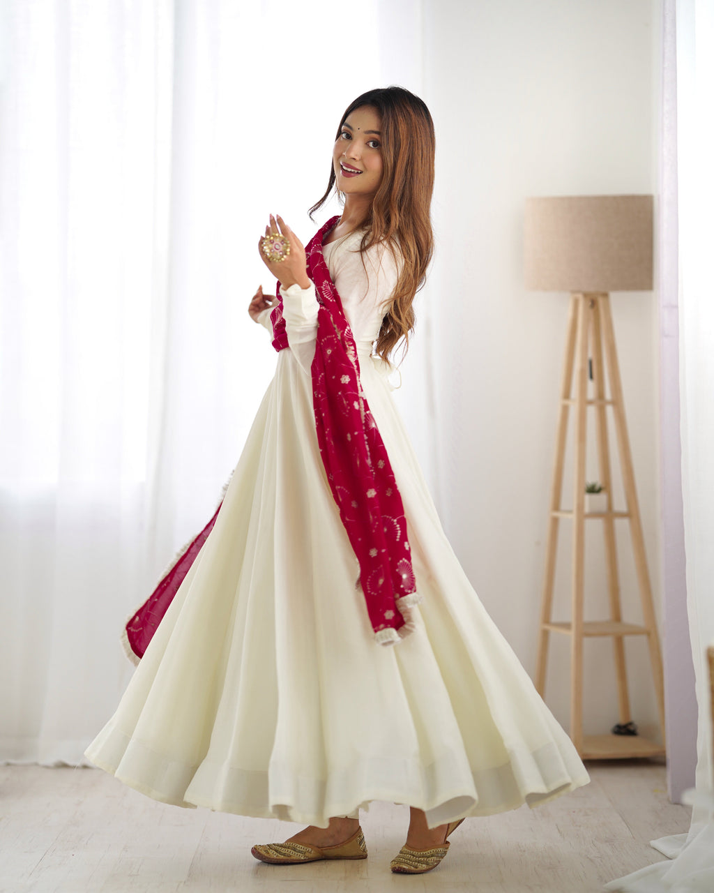 Lorenvalley White Vichitra Silk Fabric Fully Flared Anarkali Pant With Dupatta Set | Grocsy