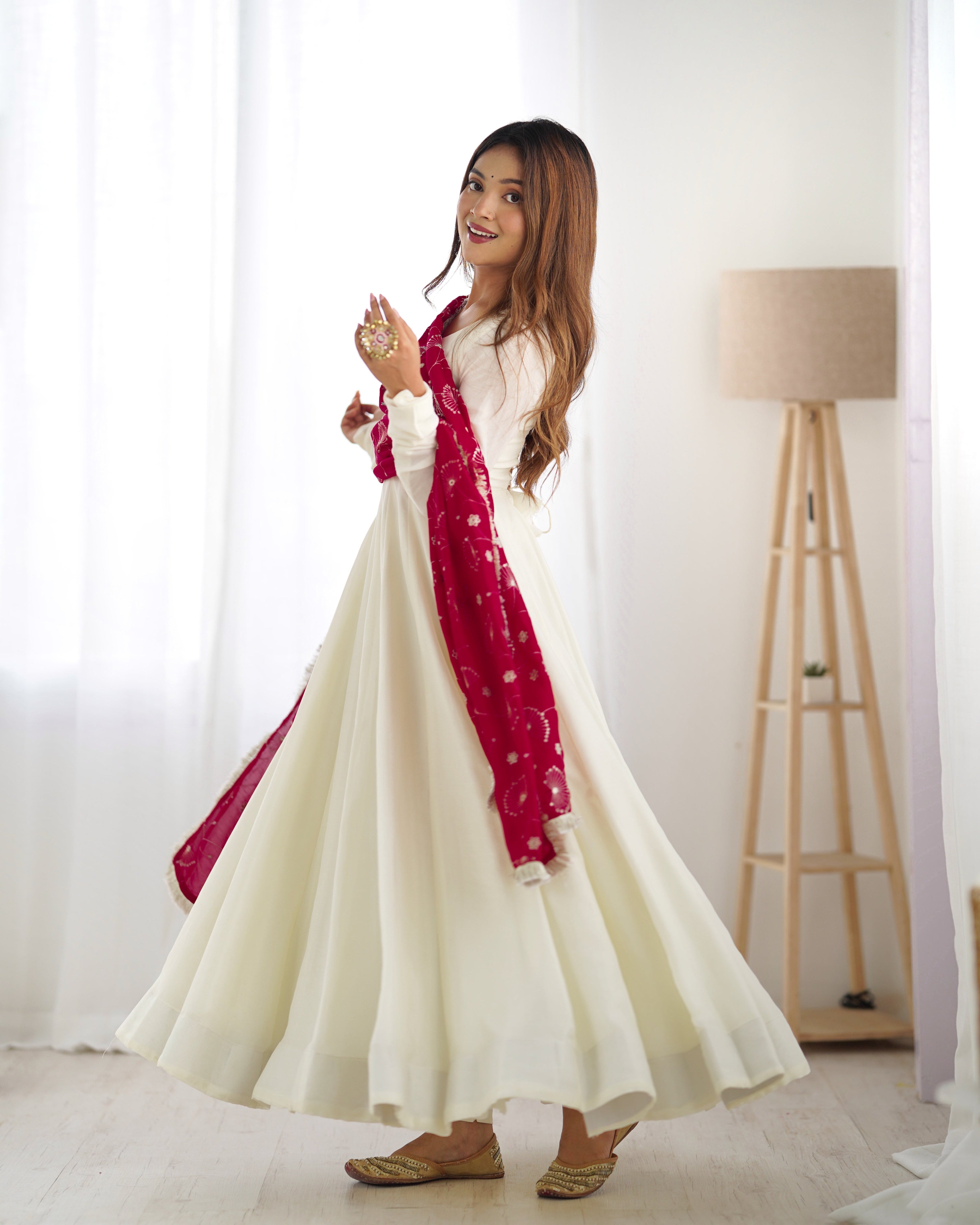 Lorenvalley White Vichitra Silk Fabric Fully Flared Anarkali Pant With Dupatta Set | Grocsy