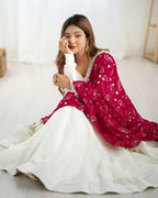 Lorenvalley White Vichitra Silk Fabric Fully Flared Anarkali Pant With Dupatta Set | Grocsy