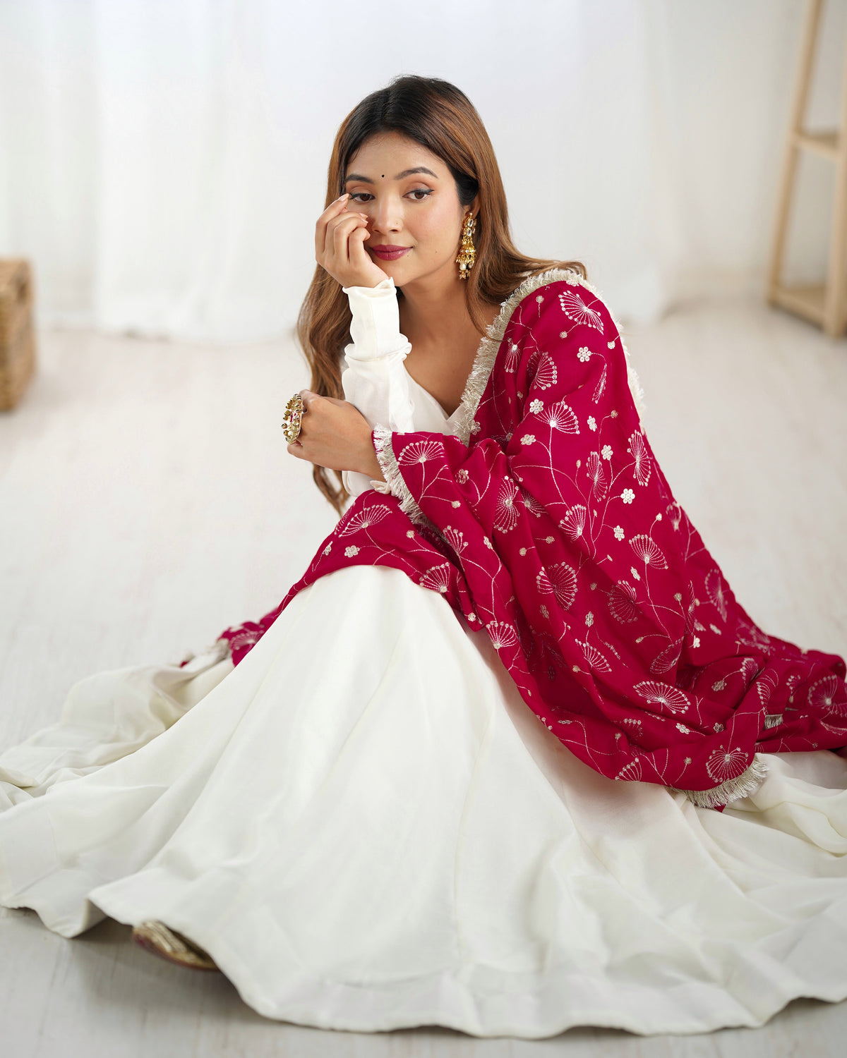 Lorenvalley White Vichitra Silk Fabric Fully Flared Anarkali Pant With Dupatta Set | Grocsy