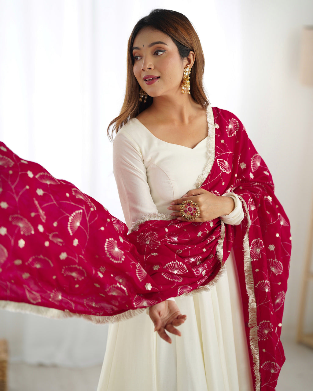 Lorenvalley White Vichitra Silk Fabric Fully Flared Anarkali Pant With Dupatta Set | Grocsy
